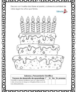 Página para colorear en blanco y negro del Cuadernillo de Trabajo Ciclos de la Vida, que presenta una tarta de cumpleaños con nueve velas. Decórala con huellas dactilares y colorea las velas según la edad del niño como parte de las actividades de Ciclos de la Vida.