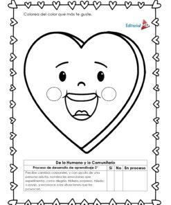 Planeación Corazón de la Amistad para Preescolar 15 Página para colorear en blanco y negro de Planeación Corazón de la Amistad para Preescolar: presenta un corazón sonriente con grandes ojos, rodeado de pequeños corazones, instrucciones en español y un gráfico de emociones, perfecto para actividades preescolares.