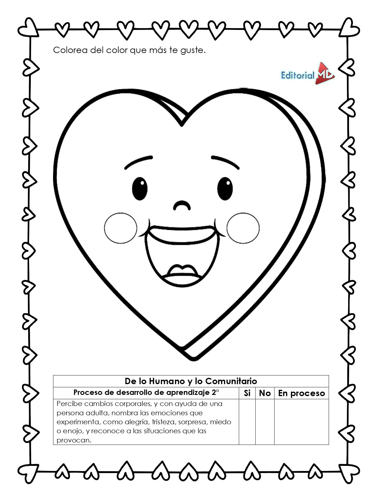 Planeación Corazón de la Amistad para Preescolar 7 Página para colorear en blanco y negro de Planeación Corazón de la Amistad para Preescolar: presenta un corazón sonriente con grandes ojos, rodeado de pequeños corazones, instrucciones en español y un gráfico de emociones, perfecto para actividades preescolares.