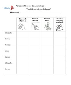 El Cuadernillo de Trabajo Precisión en mis Movimientos para Preescolar es una agenda semanal en español con filas diarias, espacio para el nombre del alumno y cuatro columnas: moldear, recortar, ensamblar y dibujar/colorear.