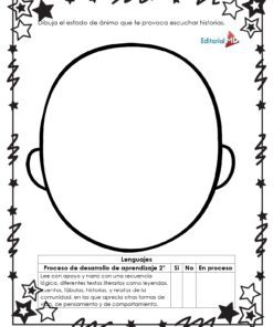 Hojas de Trabajo para Contar Historias: Hojas de trabajo en blanco y negro con el contorno de una cara en blanco enmarcada por estrellas. Las instrucciones en español piden a los alumnos que dibujen sus emociones mientras cuentan historias y que registren su progreso en una tabla en la parte inferior.