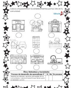 Hojas de Trabajo de Oficio y Profesiones: hoja de trabajo con borde de estrellas negras con imágenes de lugares de la comunidad, oficios y profesiones (tienda, lavadero de coches, profesor), además de casillas de verificación/instrucciones para evaluar los servicios; ideal para la práctica de temas de la vida real.