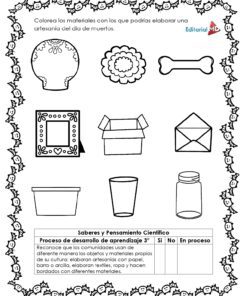 Cuadernillo Artesanías del Día de Muertos 9 El Cuadernillo Artesanía del Día de Muertos presenta dibujos en blanco y negro -un jarrón de flores, un hueso, una bolsa de papel, una caja, un sobre, una vela y un tarro- para que los niños los coloreen. Incluye un borde decorativo de calavera para una diversión festiva.