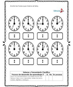 Hoja de ejercicios con diez relojes analógicos que muestran diferentes horas. Cada reloj tiene un recuadro en blanco debajo para que los alumnos escriban la hora. Las instrucciones en español piden a los alumnos que anoten las horas que muestran los relojes.