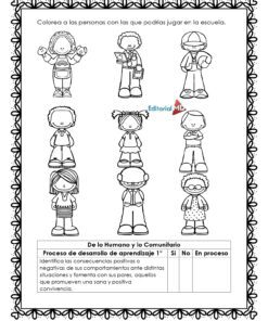 Página para colorear del Cuadernillo de Trabajo Juegos y Juguetes de Antes: incluye ilustraciones en blanco y negro de ocho niños sonrientes, instrucciones para colorear y una tabla de seguimiento. Ideal para actividades sobre juegos tradicionales.