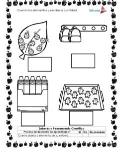 Hoja de trabajo en blanco y negro del Cuadernillo de Trabajo Juguemos con las Cantidades: una hoja con 9 mariquitas, 2 mochilas escolares, una caja con 6 lápices de colores y una bandeja con 5 galletas de jengibre. Se incluyen espacios para escribir las cantidades.