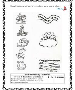 El Cuadernillo de Trabajo los Medios de Transporte incluye dibujos en blanco y negro para relacionar diferentes medios de transporte con lugares como carretera, mar y cielo. Las instrucciones están al inicio para facilitar el uso.