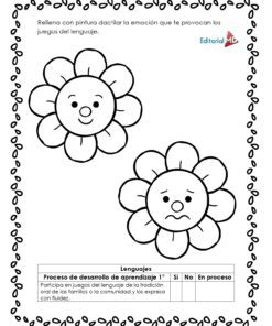 Hoja de ejercicios en blanco y negro para preescolar: dos flores de dibujos animados, una sonriendo y otra frunciendo el ceño. Los niños colorean la flor que muestra cómo les hace sentir Planeación Juguemos con las Palabras para Preescolar. Incluye una lista de control del progreso del aprendizaje.