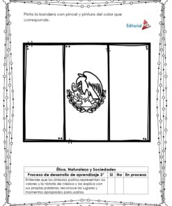 Hoja de Trabajo de la Bandera de México 10 Hoja de Trabajo de la Bandera de México: El contorno presenta el emblema del águila en el centro, con instrucciones en español en la parte superior que invitan a los alumnos a colorearlo. Incluye un borde decorativo e información educativa en la parte inferior.