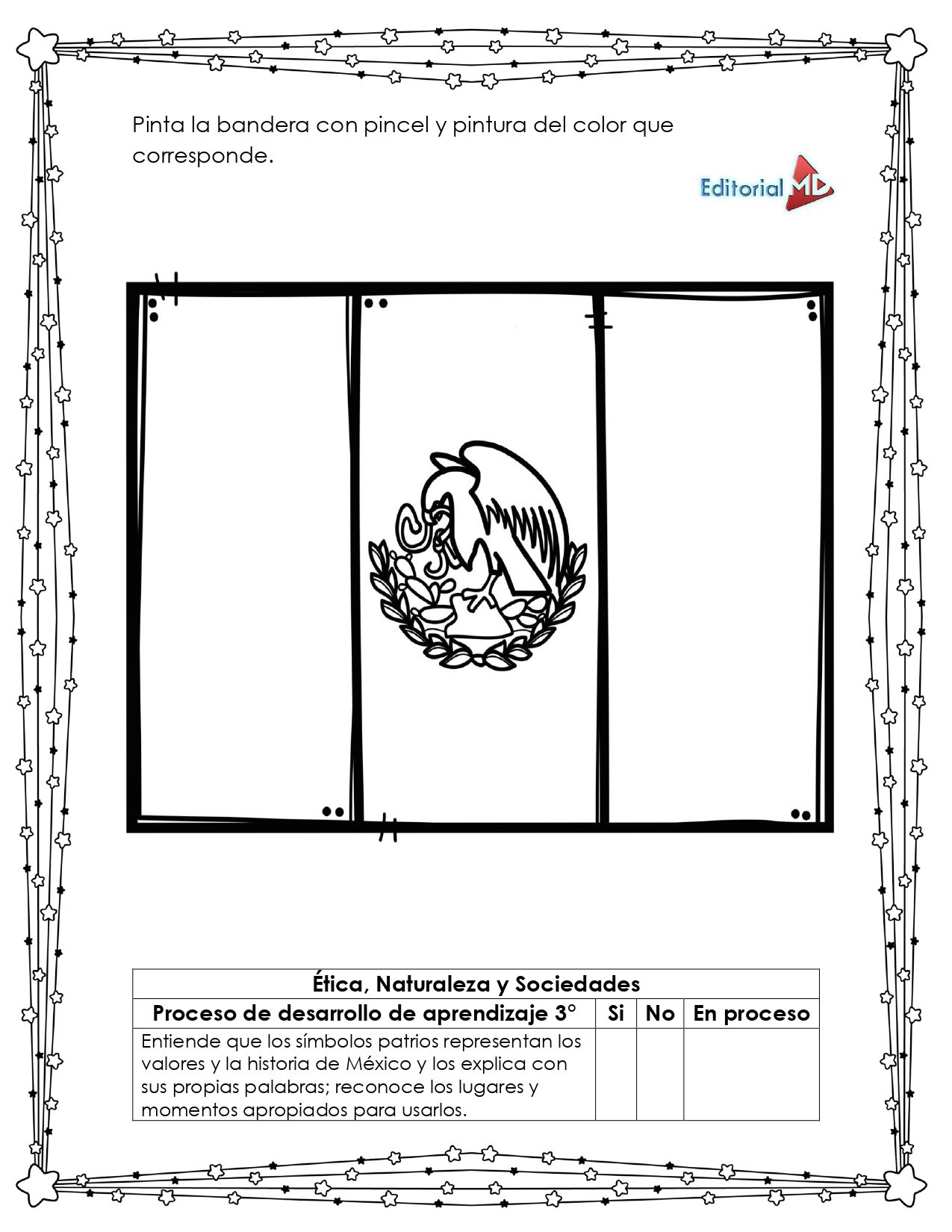 Hoja de Trabajo de la Bandera de México 5 Hoja de Trabajo de la Bandera de México: El contorno presenta el emblema del águila en el centro, con instrucciones en español en la parte superior que invitan a los alumnos a colorearlo. Incluye un borde decorativo e información educativa en la parte inferior.