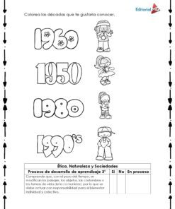 Planeación Cambios con el Tiempo para Preescolar: hoja en blanco y negro con números grandes (1950, 1960, 1980, 1990), cada uno con un niño caricatura. Incluye checklist de aprendizaje, ideal para discutir cambios a través del tiempo.
