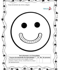 La hoja de trabajo en blanco y negro del Cuadernillo Para Trabajar las Emociones presenta un contorno grande de cara sonriente para calcar, un borde de estrella, instrucciones para trabajar las emociones y una tabla debajo para seguir el progreso del aprendizaje emocional.
