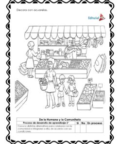El Cuadernillo de Trabajo El Mercado para Preescolar es una página para colorear en blanco y negro que muestra puestos de mercado, vendedores, adultos y niños comprando frutas y verduras, con cestas de productos al fondo.