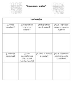 Hojas de trabajo los Huertos: Un organizador gráfico en español sobre huertos, con una tabla de preguntas sobre siembra, tipos de plantas, cosecha, cuidado y cocina-ideal para estudiantes.