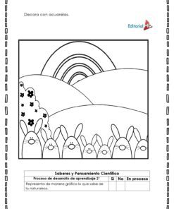 Página para colorear en blanco y negro de siete caras de conejos en un campo con colinas, flores y un arco iris. Incluye una lista de aprendizaje científico ideal para el Cuadernillo de Trabajo para Trabajar Hábitats Naturales.
