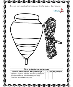 Página para colorear en blanco y negro de una peonza con cuerda enrollada, bordeada decorativamente. La peonza presenta instrucciones de manualidades en español del 