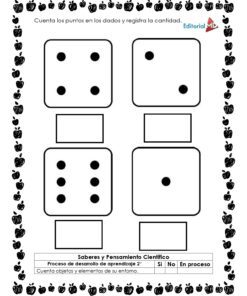 Hoja de trabajo en blanco y negro del Cuadernillo de Trabajo Juguemos con las Cantidades, que muestra cuatro dados (3, 4, 5, 1 puntos), casillas en blanco para cantidades, un borde de manzana e instrucciones en español.