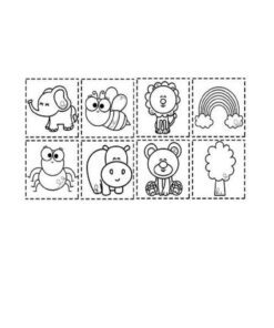 Cuadernillo de Trabajo las Letras de mi Nombre 8 Ocho iconos de garabatos en blanco y negro (elefante, abeja, león, arco iris, araña, hipopótamo, osito de peluche, árbol) en cuadrados discontinuos. Perfecto para Cuadernillo de Trabajo las Letras de mi Nombre como material educativo o fichas de actividades.