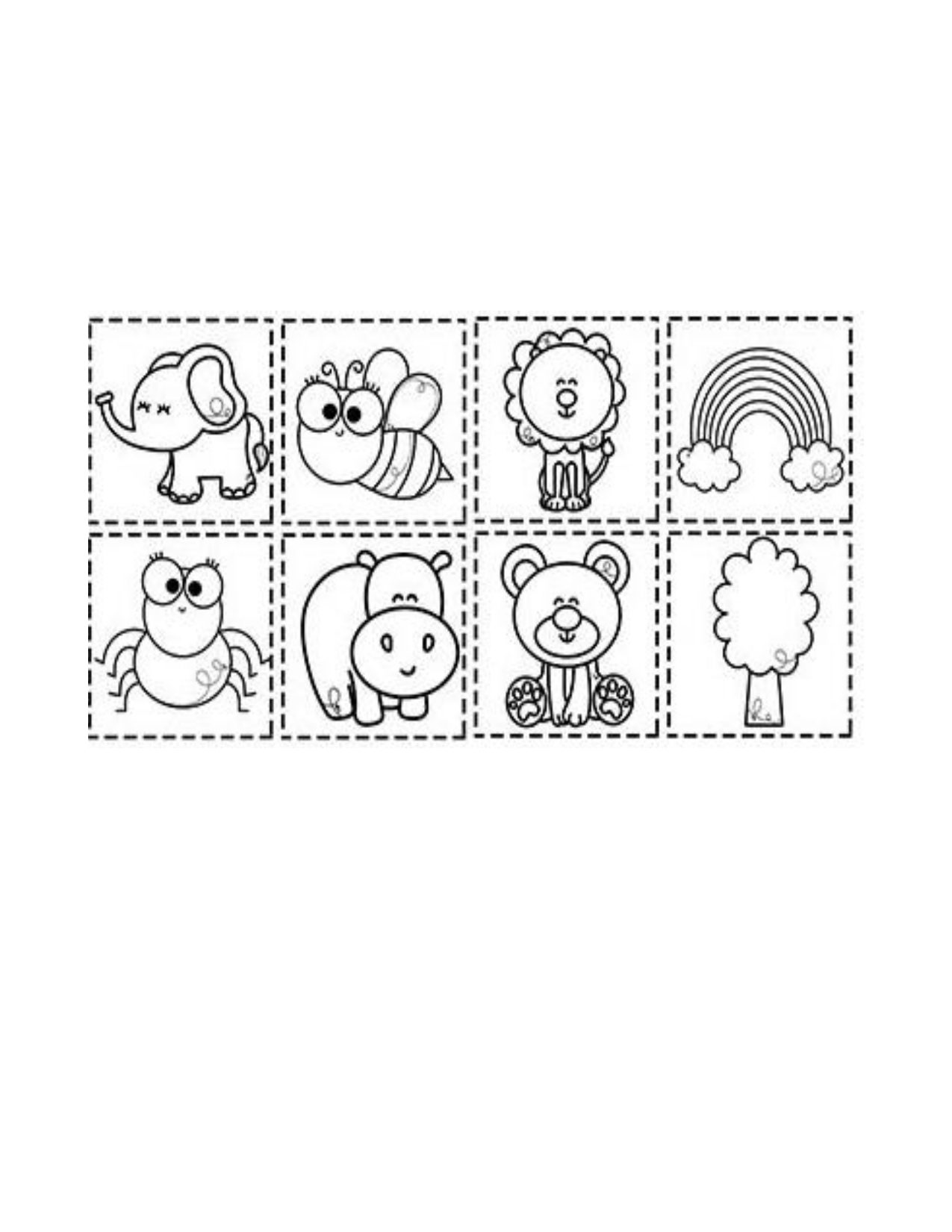 Cuadernillo de Trabajo las Letras de mi Nombre 4 Ocho iconos de garabatos en blanco y negro (elefante, abeja, león, arco iris, araña, hipopótamo, osito de peluche, árbol) en cuadrados discontinuos. Perfecto para Cuadernillo de Trabajo las Letras de mi Nombre como material educativo o fichas de actividades.