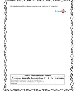 Cuadernillo de Trabajo Cuenta Conmigo para Preescolar: hoja con borde decorativo, instrucciones en español para dibujar la cantidad de serpientes indicadas, espacio para dibujo y tabla de evaluación al final.