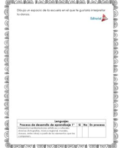 El Cuadernillo de Trabajo Danzas de Mi Comunidad para Preescolar es una hoja de trabajo decorativa con espacio para dibujar danzas de tu comunidad, instrucciones en español y una tabla de evaluación lingüística en la parte inferior.
