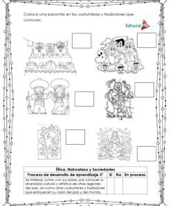 Hoja de Trabajo de la Bandera de México 11 La Hoja de Trabajo de la Bandera de México incluye cuatro dibujos en blanco y negro sobre celebraciones culturales, casillas para marcar costumbres conocidas, instrucciones en español, borde decorativo y texto educativo sobre la bandera.