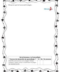 Cuadernillo Para Trabajar las Emociones: hoja en español con espacio grande para dibujar, borde negro con estrellas y círculos, texto superior 