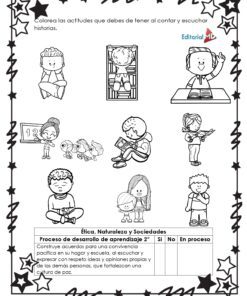 Hojas de Trabajo para Contar Historias: hojas en blanco y negro con ilustraciones de niños escuchando y contando historias. Incluyen cuadros para seguimiento y un borde decorativo de estrellas.