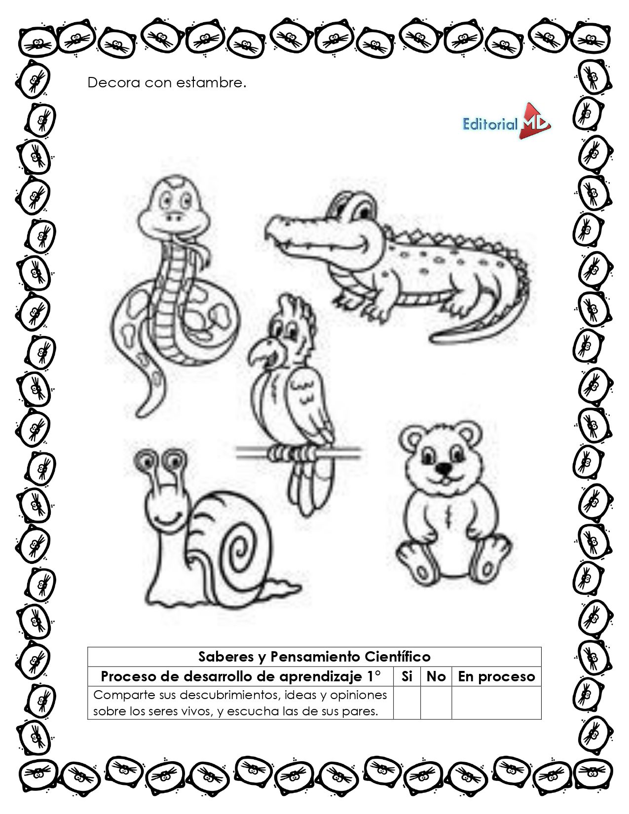 Cuadernillo de Trabajo para Conocer a los Animales 4 Cuadernillo de Trabajo para Conocer a los Animales: lámina para colorear en blanco y negro con animales (serpiente, cocodrilo, pájaro, caracol y oso), texto en español, tabla de progreso y borde de caracoles.
