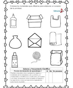 Planeación Corazón de la Amistad para Preescolar 16 Hoja de trabajo en blanco y negro con pegamento, tijeras, sobre, rollo de cartón, pintura y mucho más, ideal para preescolar. Contiene un borde de corazón, instrucciones y una tabla de aprendizaje de Planeación Corazón de la Amistad para Preescolar.