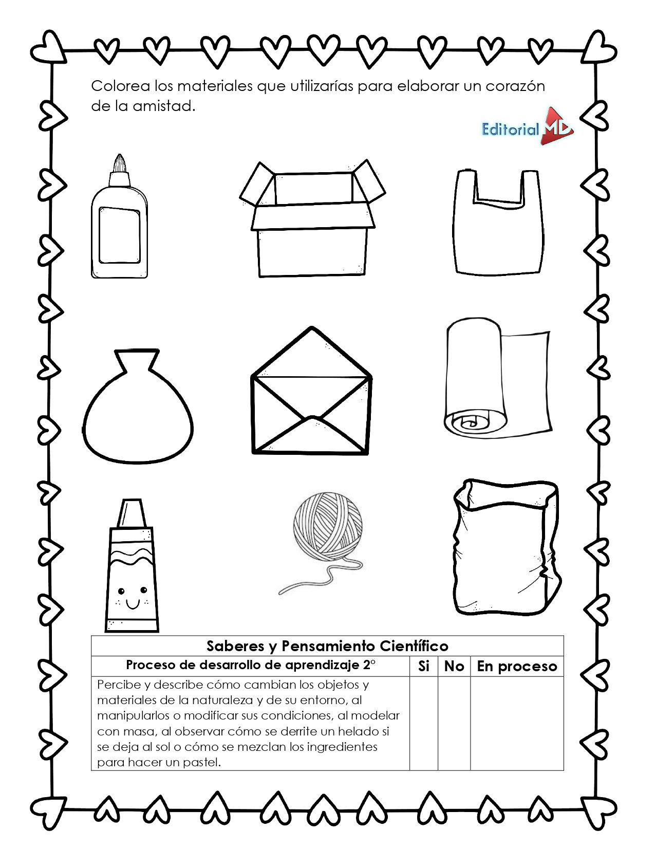 Planeación Corazón de la Amistad para Preescolar 8 Hoja de trabajo en blanco y negro con pegamento, tijeras, sobre, rollo de cartón, pintura y mucho más, ideal para preescolar. Contiene un borde de corazón, instrucciones y una tabla de aprendizaje de Planeación Corazón de la Amistad para Preescolar.