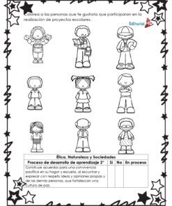 Hojas de Trabajo para Contar Historias en blanco y negro con ocho niños caricaturizados en distintas poses. Incluye actividades educativas, una tabla de progreso y borde de estrellas. All text is in English.