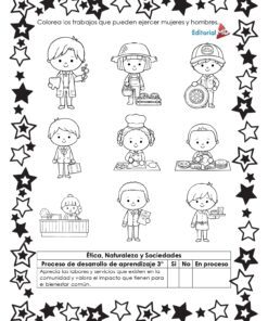 Hojas de Trabajo de Oficio y Profesiones: hojas en blanco y negro con niños y niñas como chef, doctor, constructor y vendedor. Incluyen borde de estrellas, instrucciones arriba y recuadro de proceso de aprendizaje abajo.