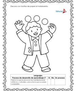 Cuadernillo de Trabajo de las Figuras Geométricas 8 Página para colorear en blanco y negro del Cuadernillo de Trabajo de las Figuras Geométricas que presenta a un niño sonriente haciendo malabares con tres pelotas, instrucciones en español para decorar con pelotas de papel, bordes decorativos y una evaluación de aprendizaje sobre las formas geométricas.