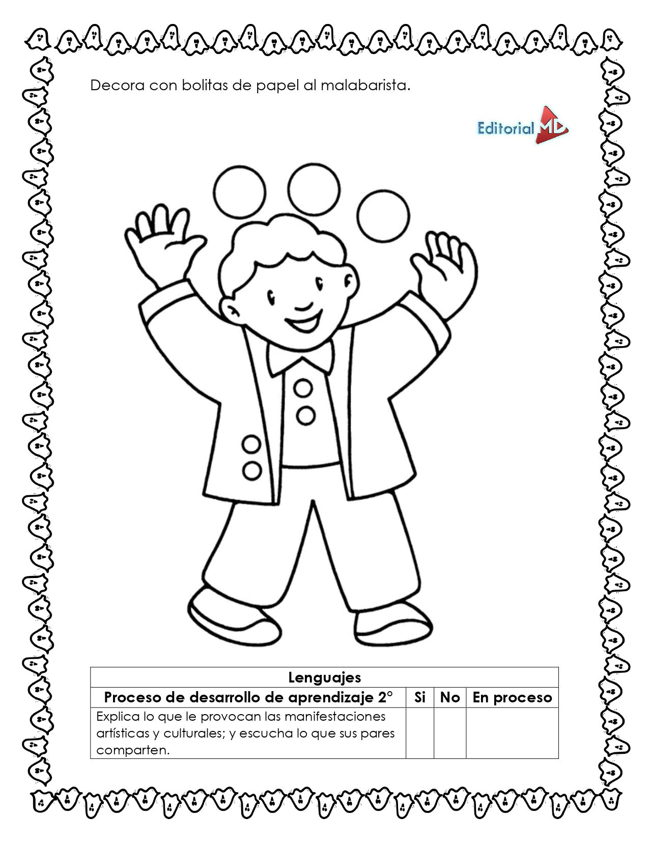Cuadernillo de Trabajo de las Figuras Geométricas 3 Página para colorear en blanco y negro del Cuadernillo de Trabajo de las Figuras Geométricas que presenta a un niño sonriente haciendo malabares con tres pelotas, instrucciones en español para decorar con pelotas de papel, bordes decorativos y una evaluación de aprendizaje sobre las formas geométricas.