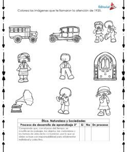 Ficha en blanco y negro del Cuadernillo de Trabajo Cambios con el Tiempo con dibujos de niños, un coche antiguo, una radio antigua y un gramófono. Incluye instrucciones y una tabla de progreso del aprendizaje.