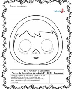 Cuadernillo Artesanías del Día de Muertos 10 El Cuadernillo Artesanía del Día de Muertos ofrece una hoja de trabajo en blanco y negro con una máscara en blanco para decorar, un borde decorativo de calavera y una tabla