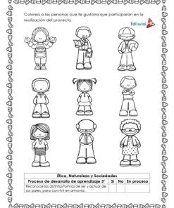 Cuadernillo de Trabajo para trabajar la Descripción 9 Hoja de trabajo en blanco y negro del Cuadernillo de Trabajo para trabajar la ED en la que aparecen ocho niños con diversos atuendos, instrucciones para elegir un compañero de proyecto, un borde decorativo y una tabla de progreso de la ED en la parte inferior.