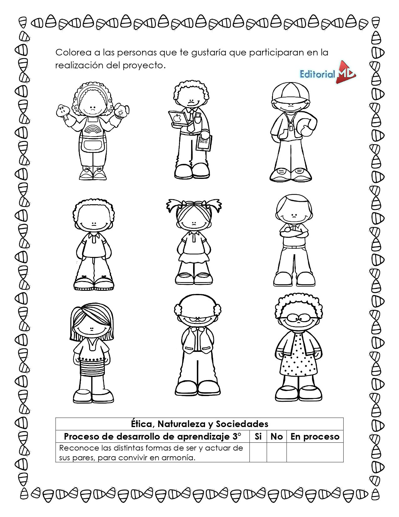 Cuadernillo de Trabajo para trabajar la Descripción 4 Hoja de trabajo en blanco y negro del Cuadernillo de Trabajo para trabajar la ED en la que aparecen ocho niños con diversos atuendos, instrucciones para elegir un compañero de proyecto, un borde decorativo y una tabla de progreso de la ED en la parte inferior.