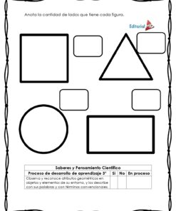 El Cuadernillo de Trabajo para Trabajar Figuras y Cuerpos Geométricos incluye cinco figuras (cuadrado, triángulo, círculo, rectángulo y pentágono), instrucciones y una tabla para registrar el logro de objetivos: 