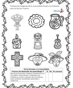 Cuadernillo Artesanías del Día de Muertos 11 El Cuadernillo Artesanía del Día de Muertos ofrece una hoja de trabajo en blanco y negro con dibujos inspirados en la artesanía -esqueletos, flores, un cántaro, una guitarra, una cruz y sombreros- para colorear y hacer máscaras. Un borde floral decora la página.