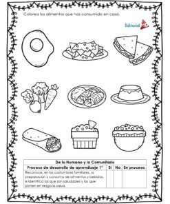 Cuadernillo de Trabajo para Trabajar a la Familia en blanco y negro con dibujos de alimentos como huevo, sándwich y tacos. Incluye instrucciones y una tabla para trabajar la familia y seguir el progreso de aprendizaje.