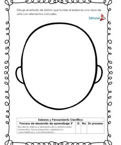 El Cuadernillo para Trabajar el Arte con Elementos Naturales presenta un contorno de cara en blanco con un borde decorativo, que invita a dibujar emociones inspiradas en la naturaleza. Una lista de control en la parte inferior te ayuda a evaluar tu proceso artístico.