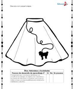 Dibujo en blanco y negro de una falda de caniche, casilla de progreso e instrucciones en español. Incluye información sobre Cambios con el Tiempo. Sugerencia: decorar con papel crepé, perfecto para el Cuadernillo de Trabajo Cambios con el Tiempo.