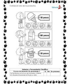 Planeación Juguemos con Números para Preescolar: hoja de trabajo donde tres niños compran helado, jugo y sándwich; cada uno con precio y tres monedas para colorear. Contiene instrucciones y tabla para registrar avances.