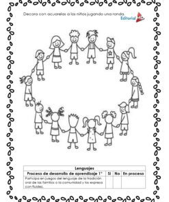 La Planeación Juguemos con las Palabras para Preescolar presenta un dibujo en blanco y negro de doce niños sonrientes cogidos de la mano en un círculo, con espacio para decorar y una tabla para seguir el desarrollo del lenguaje durante la clase.