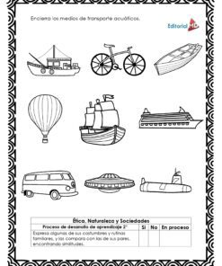 La ficha Planeación Medios de Transporte para Preescolar contiene imágenes en blanco y negro de medios de transporte como bicicletas, barcos y submarinos. Las instrucciones en español piden a los niños que rodeen con un círculo los medios de transporte acuáticos. Incluye un borde geométrico.