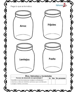 Cuadernillo de Trabajo El Mercado para Preescolar con cuatro frascos: arroz, frijoles, lentejas y pasta. Incluye sección para marcar progreso al identificar roles en el mercado con opciones: Sí, No y En proceso.