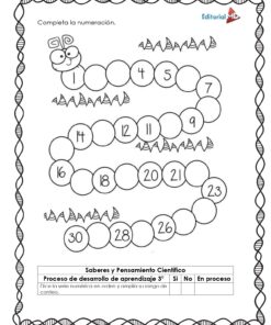 El Cuadernillo de Trabajo Cuenta Conmigo para Preescolar presenta una oruga de dibujos animados de círculos numerados (1-30), con espacios en blanco para que los alumnos los rellenen, instrucciones de Cuenta Conmigo y una lista de control de aprendizaje en la parte inferior.