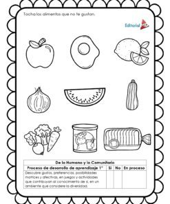 La hoja de trabajo en blanco y negro del Cuadernillo de Trabajo para Trabajar Gustos y Disgustos muestra dibujos de alimentos en un borde festoneado. Las instrucciones en español invitan a los alumnos a marcar los alimentos que no les gustan. Perfecta para actividades educativas.